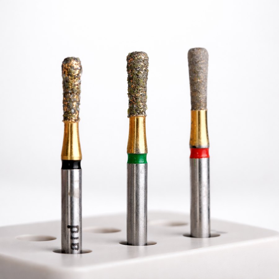 The grit is read from the ring on the shank: black = super coarse, green = coarse, blue = medium, red = fine.
